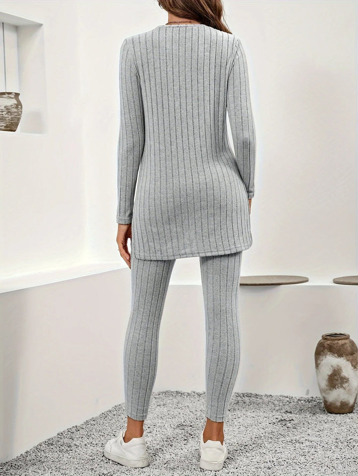 Ribbed knit tunic top from a women's lounge set, with a relaxed fit, perfect for comfortable layering in winter.