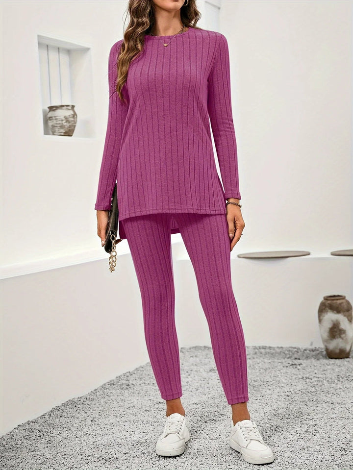 Neatly folded women's cozy ribbed knit lounge set, showcasing the soft fabric and compact storage.