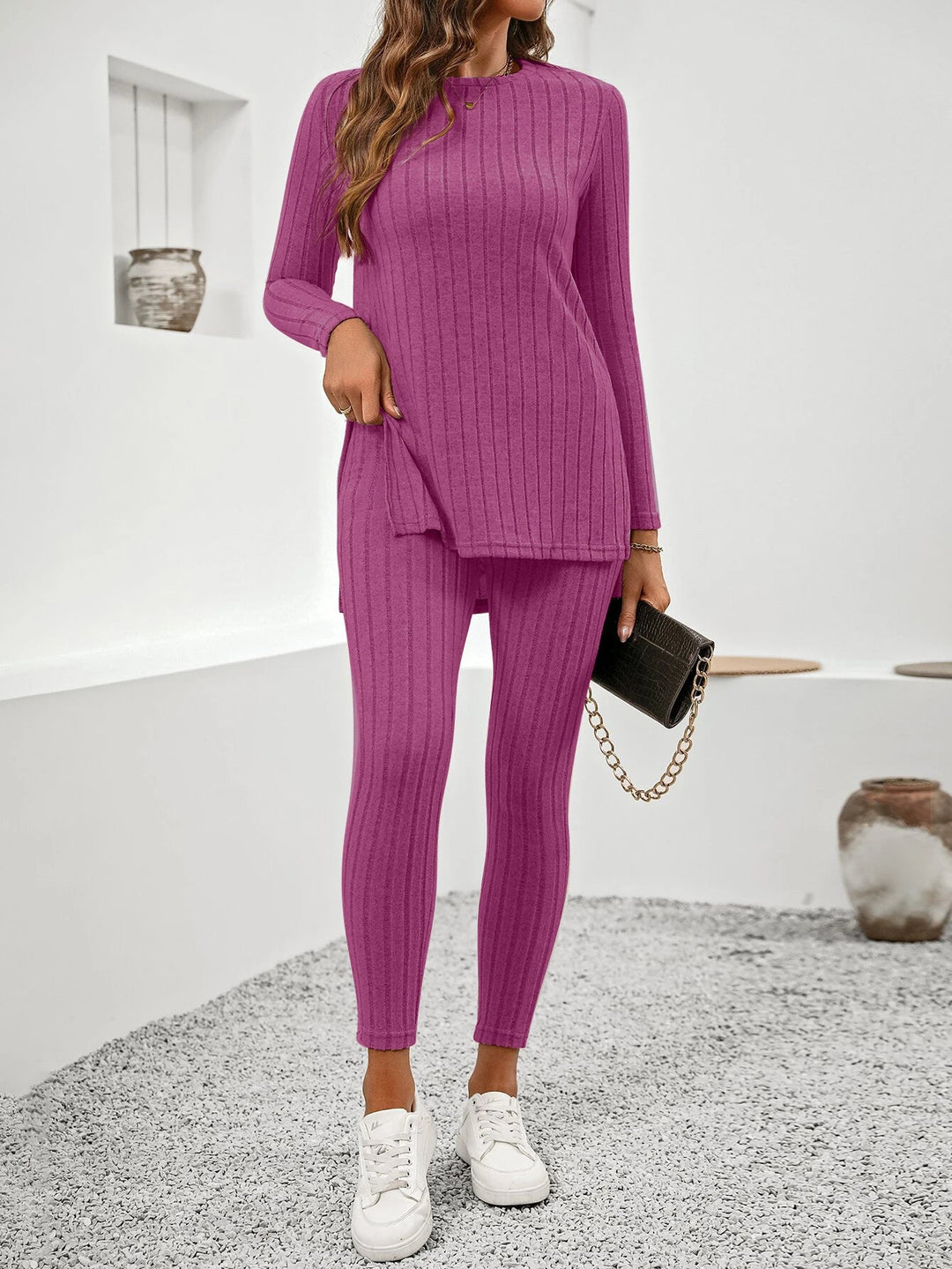 Detail shot of the ribbed cuff on a women's knit lounge set, highlighting the texture and quality design.