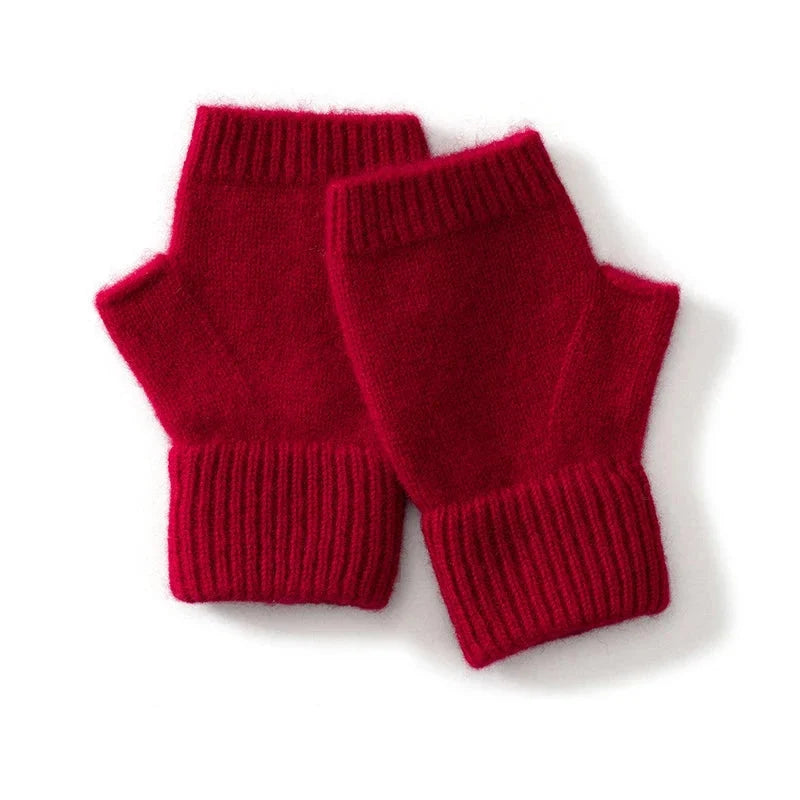 Warm wool knit fingerless gloves, women's cozy winter wear for indoor & outdoor activities.