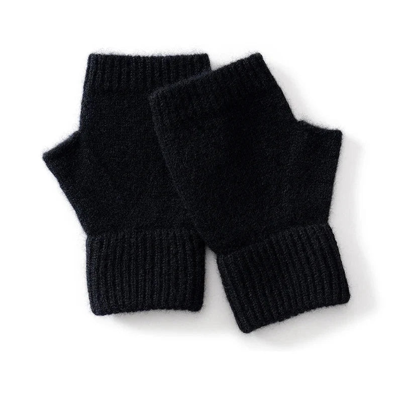 Close-up of women's comfortable wool knit fingerless gloves, featuring a soft, cozy texture.
