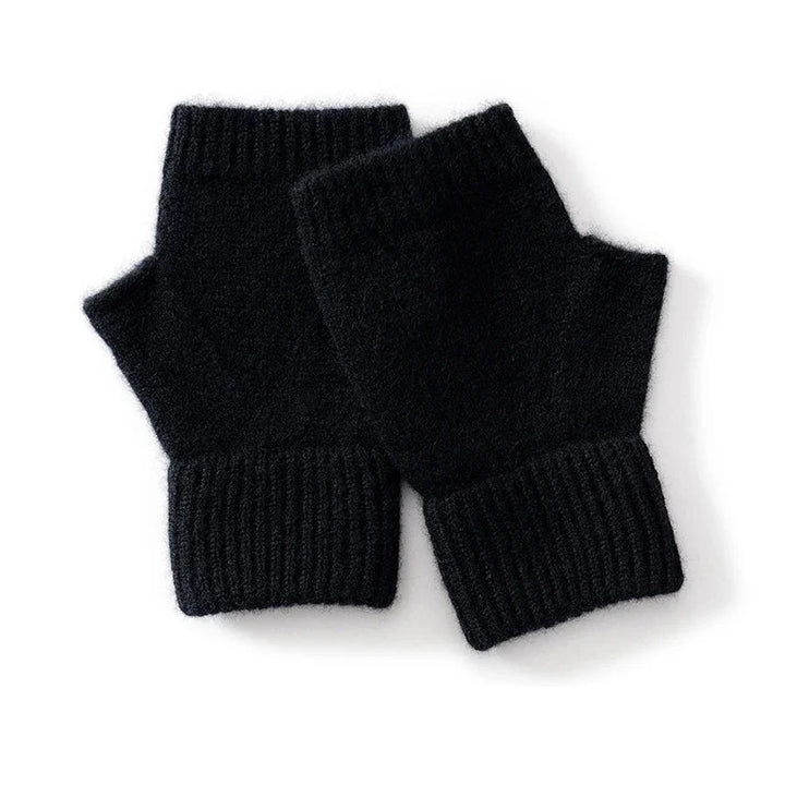 Close-up of women's comfortable wool knit fingerless gloves, featuring a soft, cozy texture.