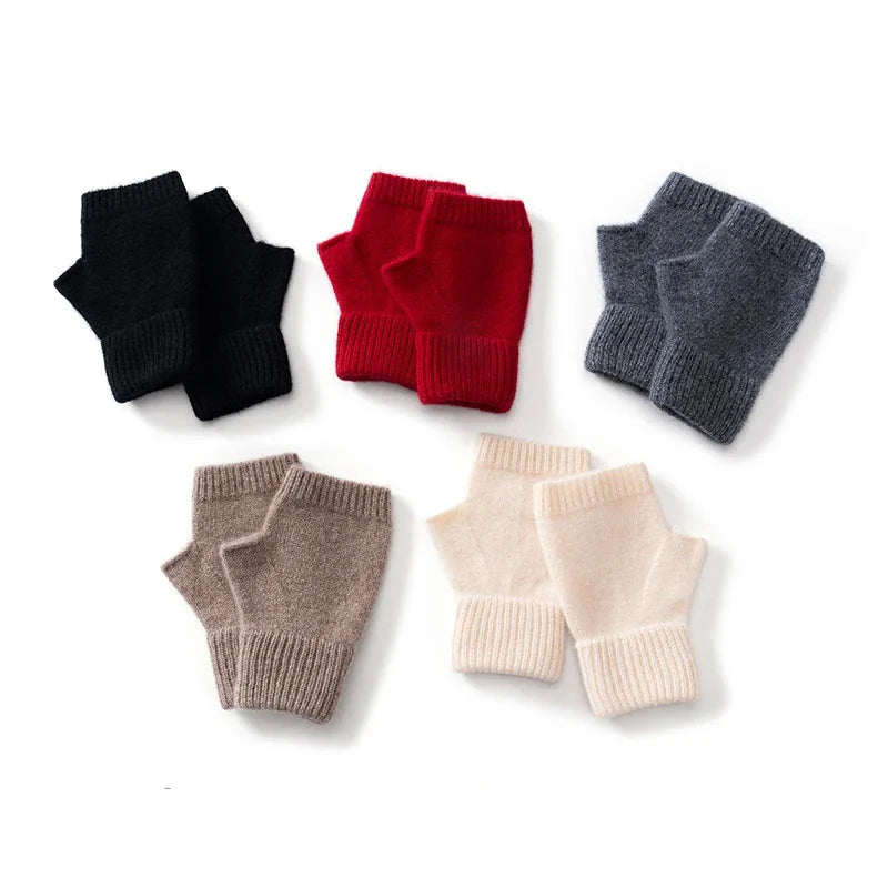 Chic women's ribbed knit wool fingerless gloves, offering cozy warmth & style for cold days.