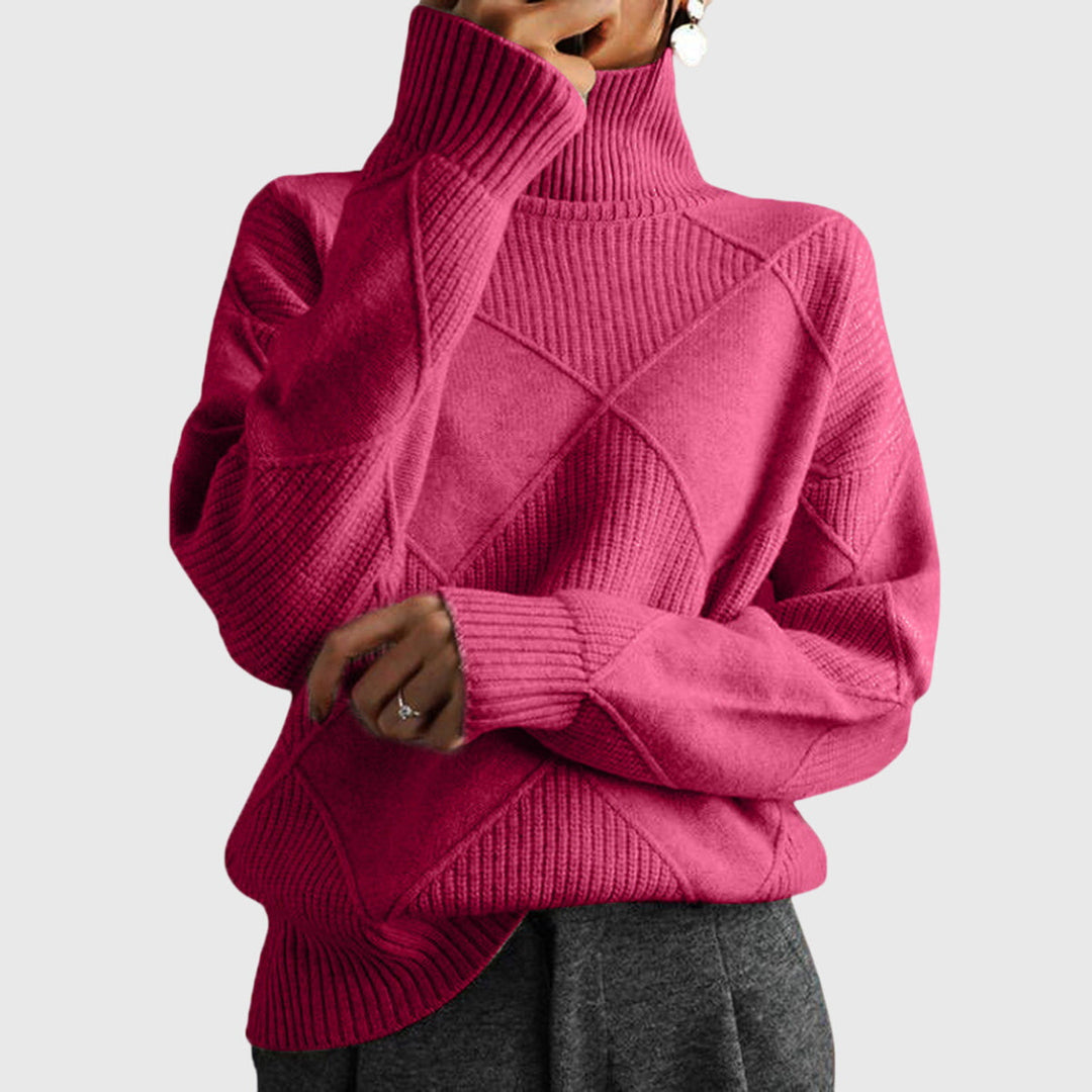Women's cozy roll neck sweater, relaxed fit, stylish diagonal seams. Perfect for winter fashion.