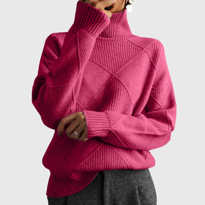 Women's cozy roll neck sweater, relaxed fit, stylish diagonal seams. Perfect for winter fashion.