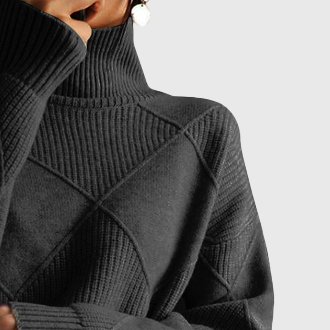 Women's roll neck sweater styled for winter fashion with elegant accessories and jeans.