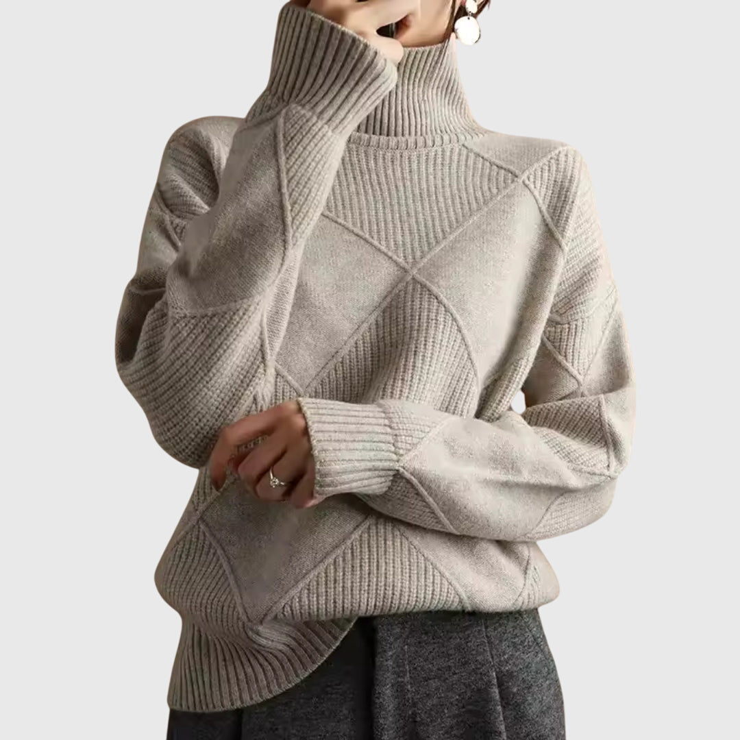 Stylish women's roll neck oversized jumper, cozy knit fabric, diagonal seam for winter.