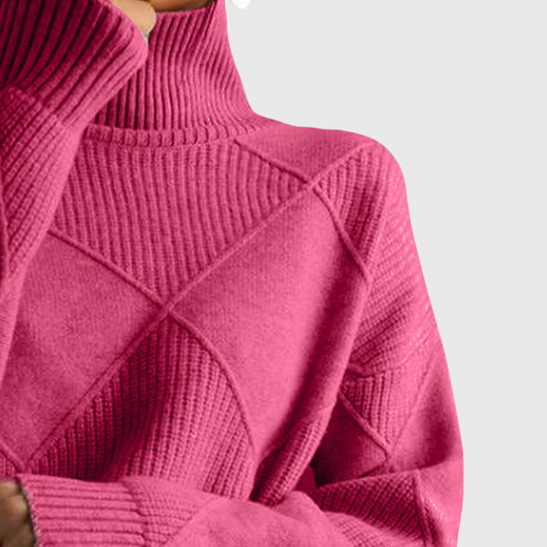 Soft, cozy knit fabric of a women's roll neck sweater, highlighting quality and texture.