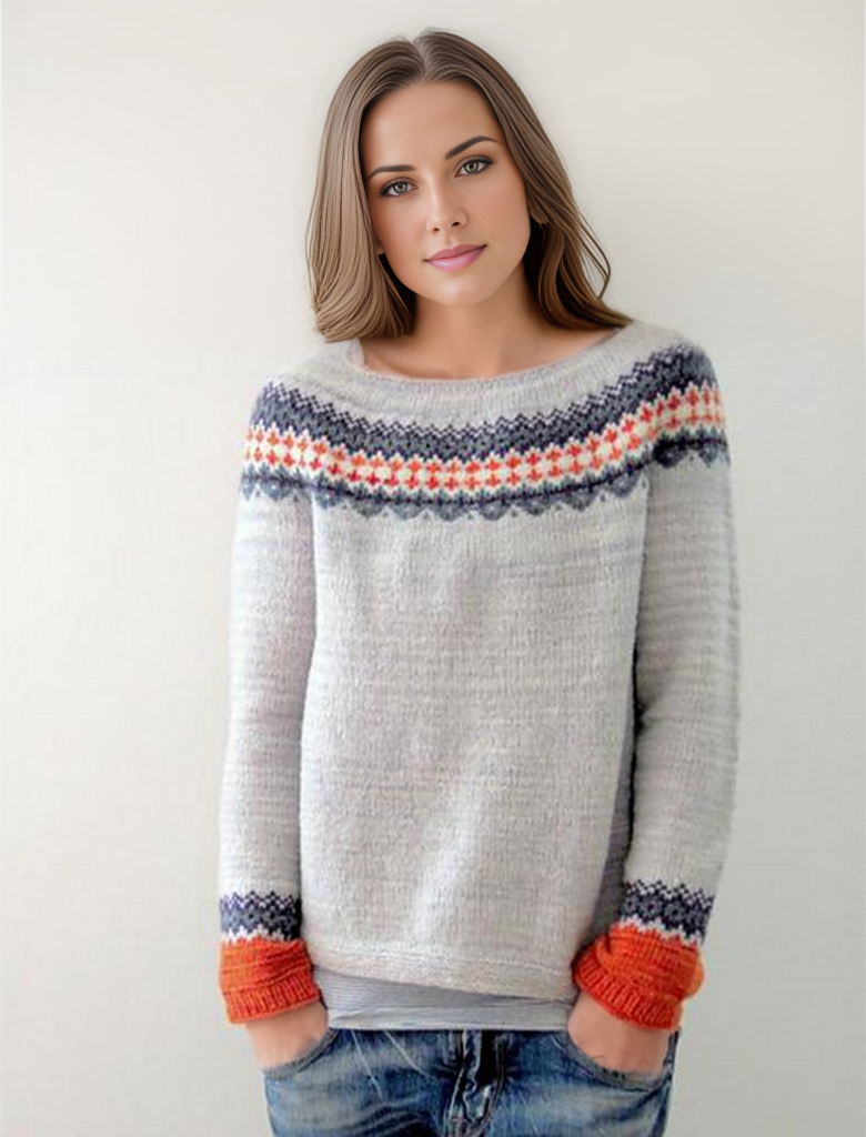 Women's cozy Scandinavian pattern sweater, perfect for fall winter fashion.