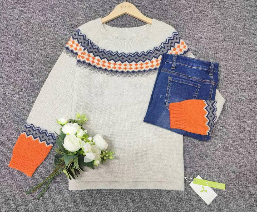 Cozy women's Scandinavian pattern sweater, trendy fall winter knitwear.
