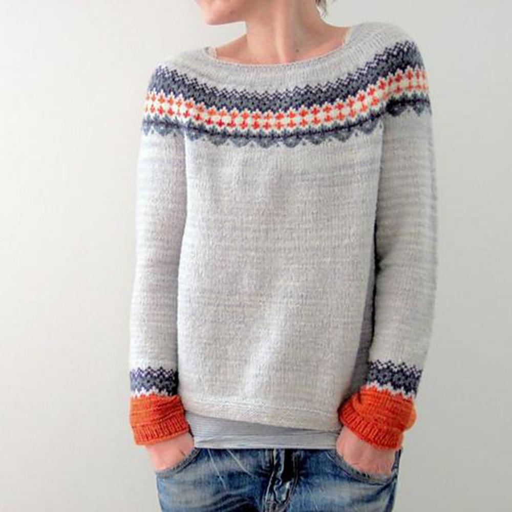 Trendy Nordic chic women's sweater, comfortable patterned knit for casual wear.