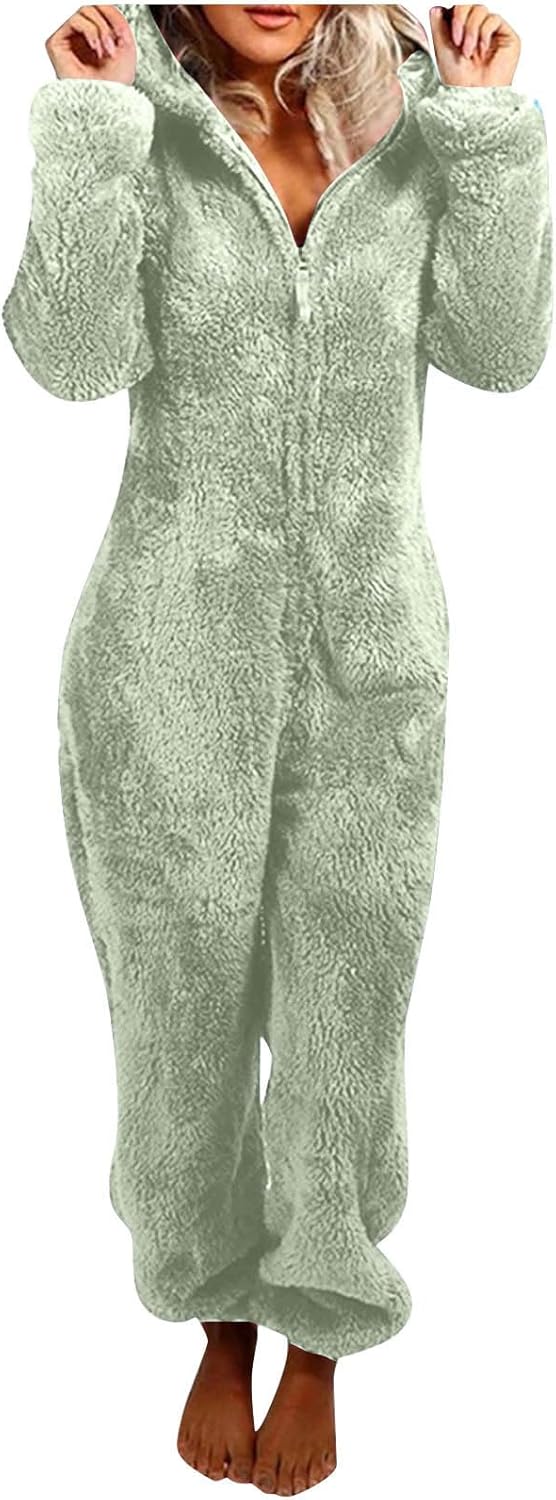 Women's hooded sherpa onesie, super soft fuzzy pajamas for relaxed evenings.