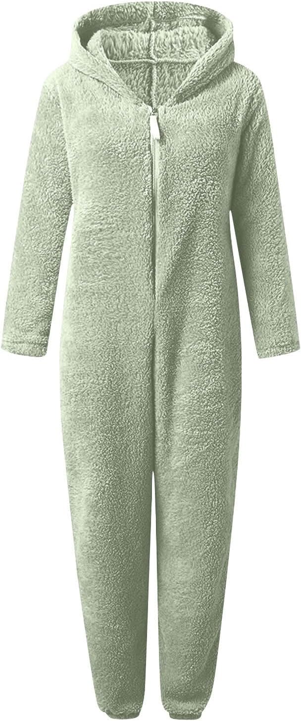 Fuzzy sherpa onesie for women, hooded & warm, perfect cozy winter sleepwear.