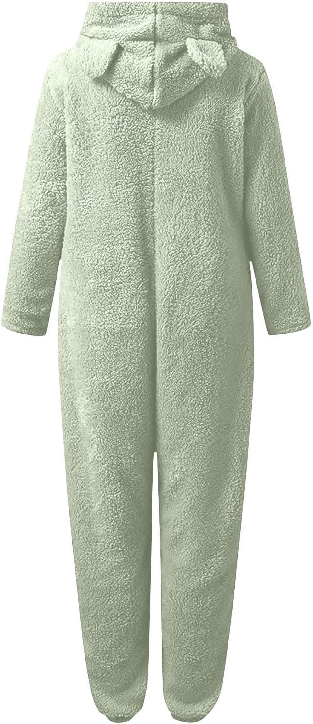 Relaxed fit women's hooded onesie, soft fuzzy sherpa loungewear jumpsuit.