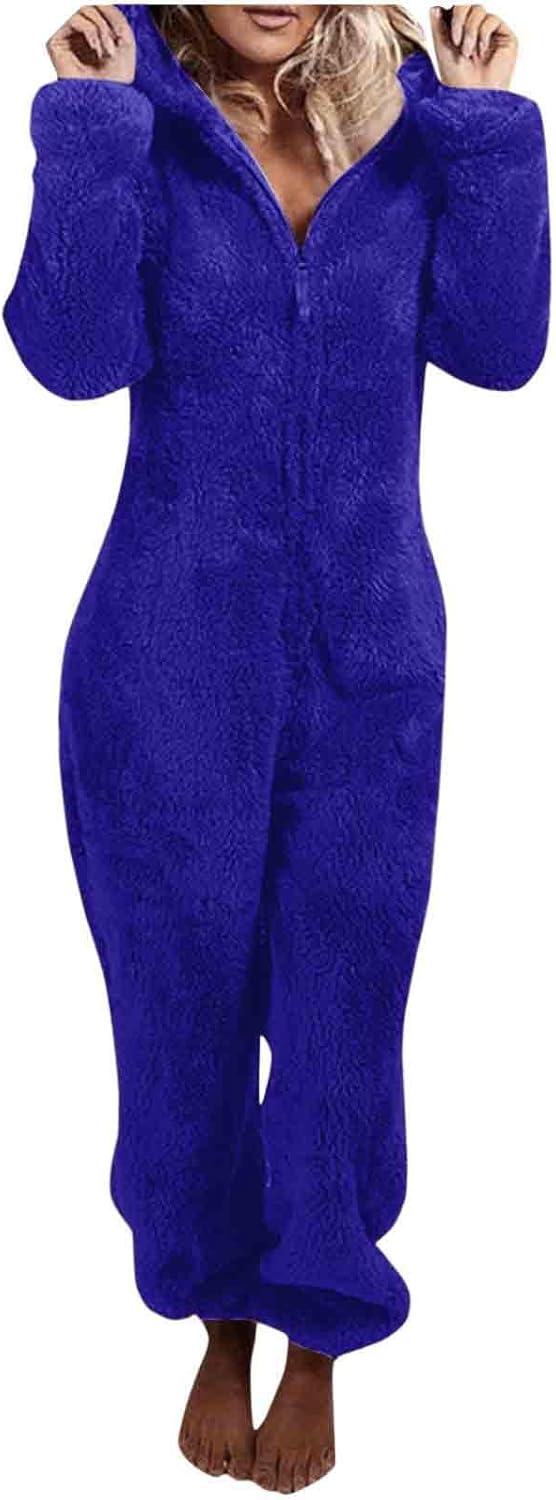 Cozy women's sherpa fuzzy onesie, hooded & warm for cold winter nights.