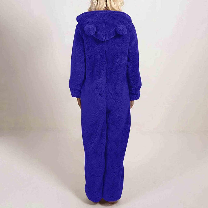 Fuzzy sherpa hooded onesie for women, luxurious soft loungewear & pajamas.