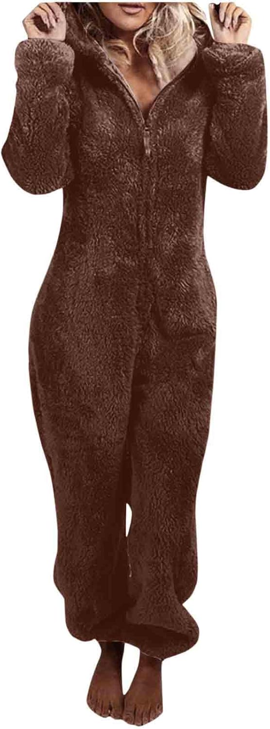 Women's cozy hooded onesie, fuzzy sherpa fleece, perfect for relaxed home wear.