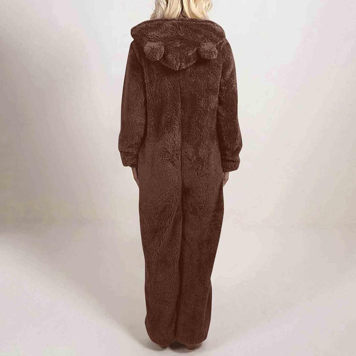 Winter essential: women's fuzzy sherpa hooded onesie, comfy & warm sleepwear.