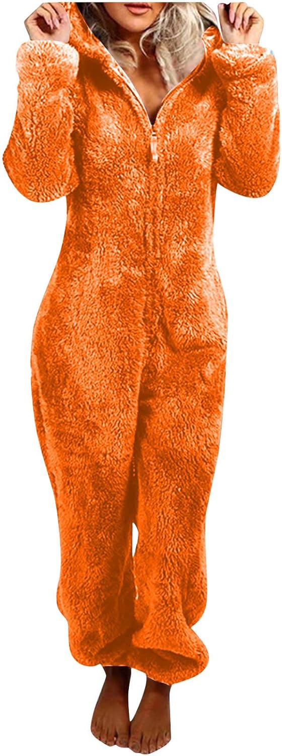 Cute women's hooded onesie, fuzzy sherpa material, ideal cozy winter pajamas.