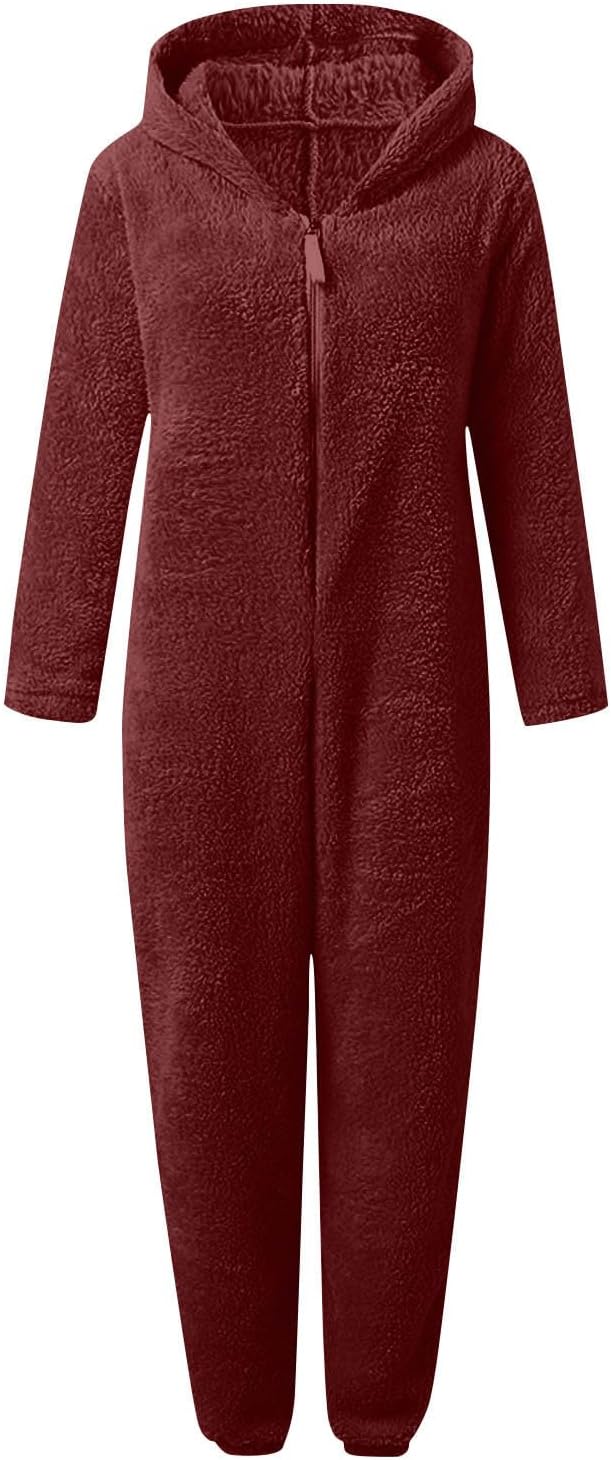 Soft fleece hooded onesie for women, a fuzzy sherpa jumpsuit for cozy sleepwear.