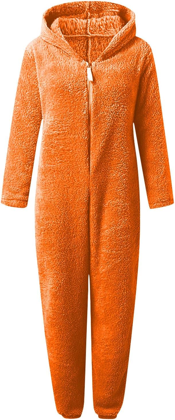 Relaxed fit women's fuzzy sherpa onesie, hooded loungewear for comfort.