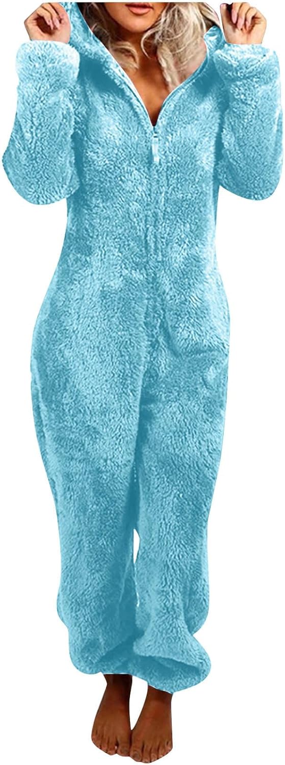 Cozy gift for her: fuzzy sherpa hooded onesie, soft women's loungewear.