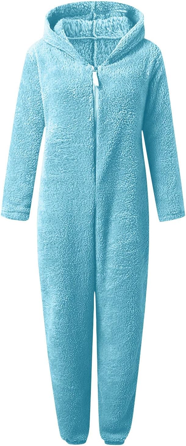 Women's warm fuzzy sherpa onesie, hooded & super soft for winter comfort.
