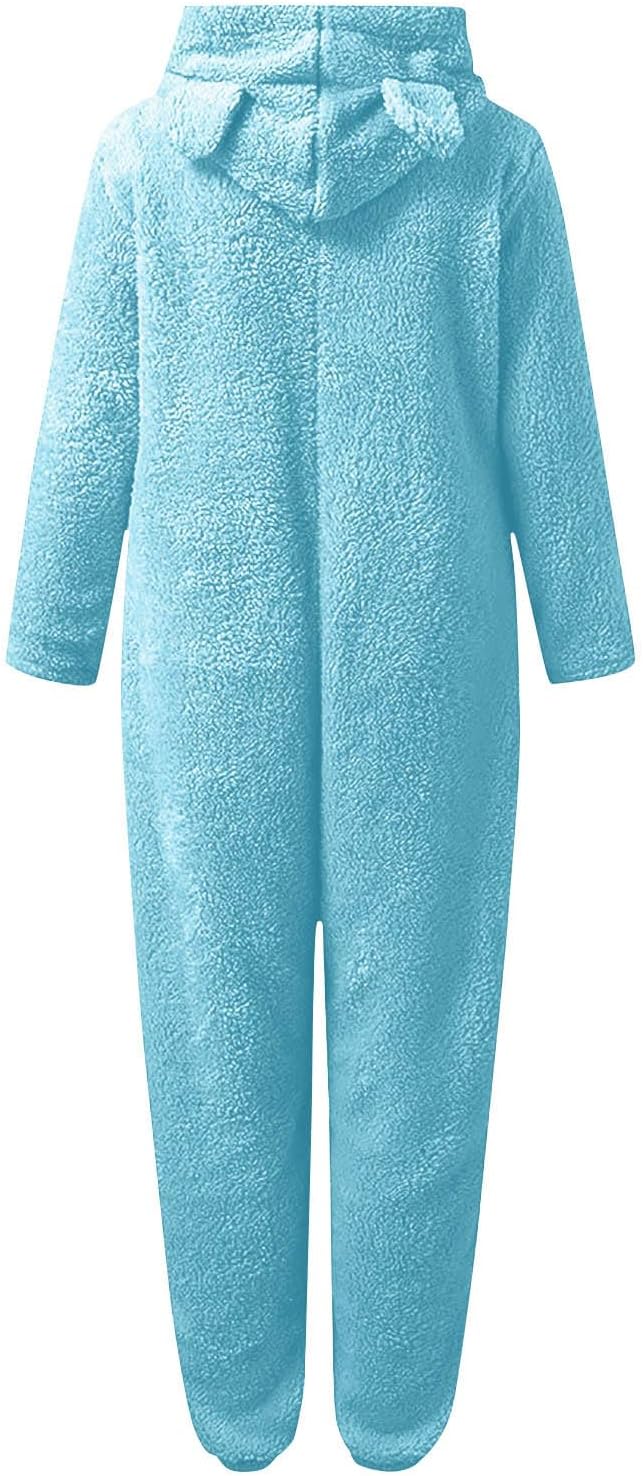Sleep in style: women's hooded sherpa onesie, fuzzy fleece for ultimate coziness.
