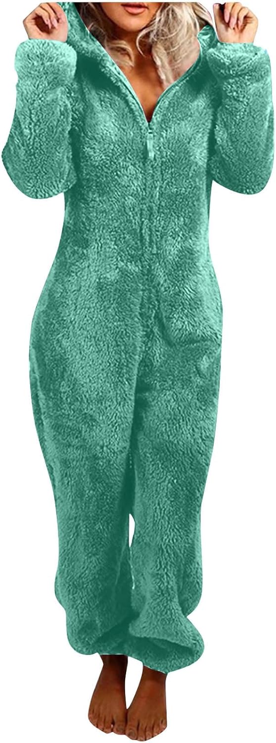 Women's relaxed fit hooded onesie, fuzzy sherpa loungewear, perfect for home.