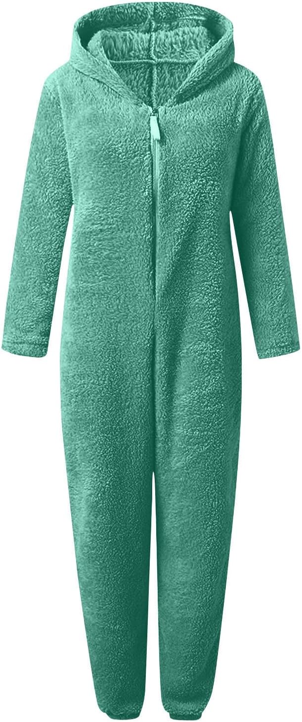 Soft fuzzy sherpa hooded onesie for women, ideal winter sleepwear & comfort.