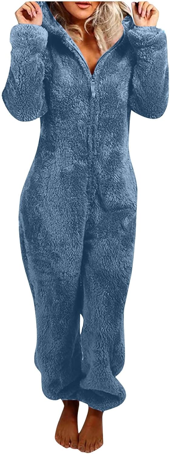 Gift for her: women's fuzzy sherpa hooded onesie, super soft & comfortable.