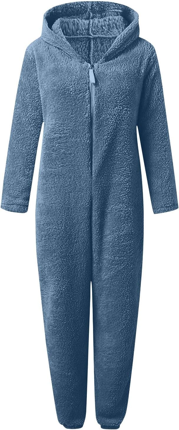 Women's hooded onesie, soft sherpa fuzzy material, perfect for cozy sleep.