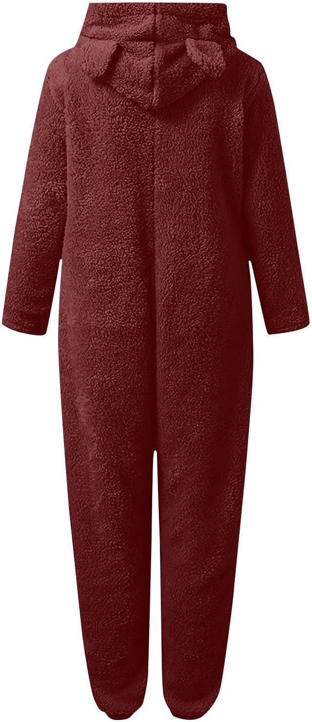 Relaxed fit women's sherpa loungewear onesie, hooded & fuzzy for ultimate comfort.