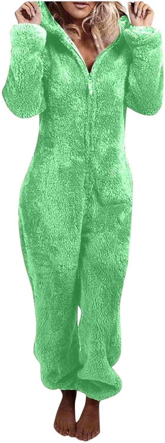 Women's cozy hooded onesie, sherpa fuzzy fleece for relaxed nights.