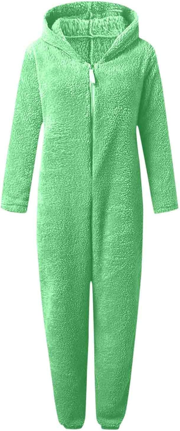 Soft women's fuzzy sherpa hooded onesie, perfect winter comfort pajamas.