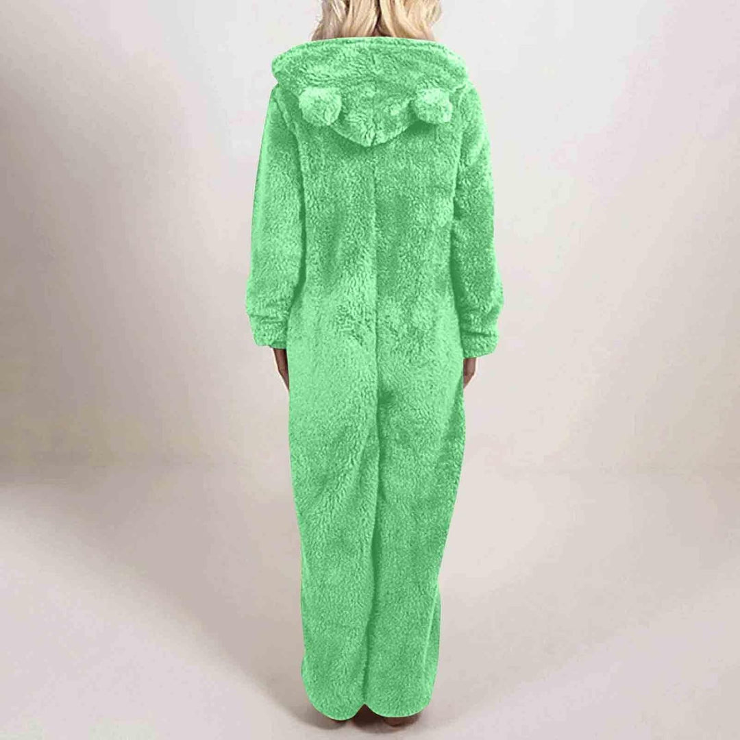 Relaxed fit women's hooded onesie, sherpa fuzzy for cozy loungewear.