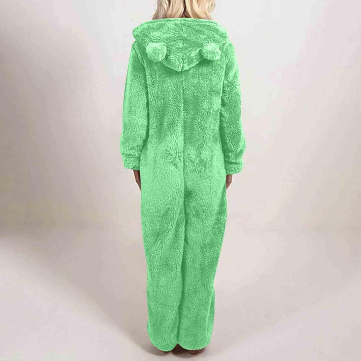 Relaxed fit women's hooded onesie, sherpa fuzzy for cozy loungewear.