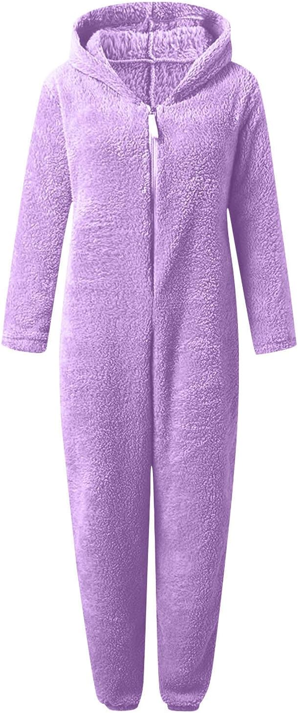 Cozy fuzzy sherpa hooded onesie, women's soft fleece sleepwear gift.
