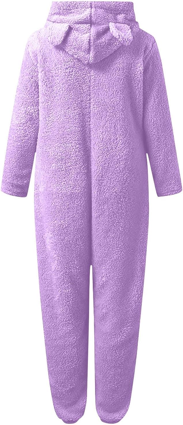 Women's comfortable hooded onesie, fuzzy sherpa material for home relaxation.