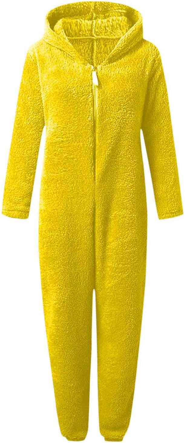 Women's winter hooded onesie, fuzzy sherpa fleece for warm and relaxed wear.