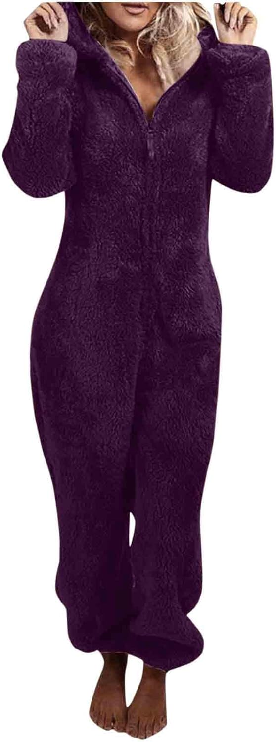 Cute women's fuzzy sherpa onesie with hood, ideal for winter pajamas & gifts.