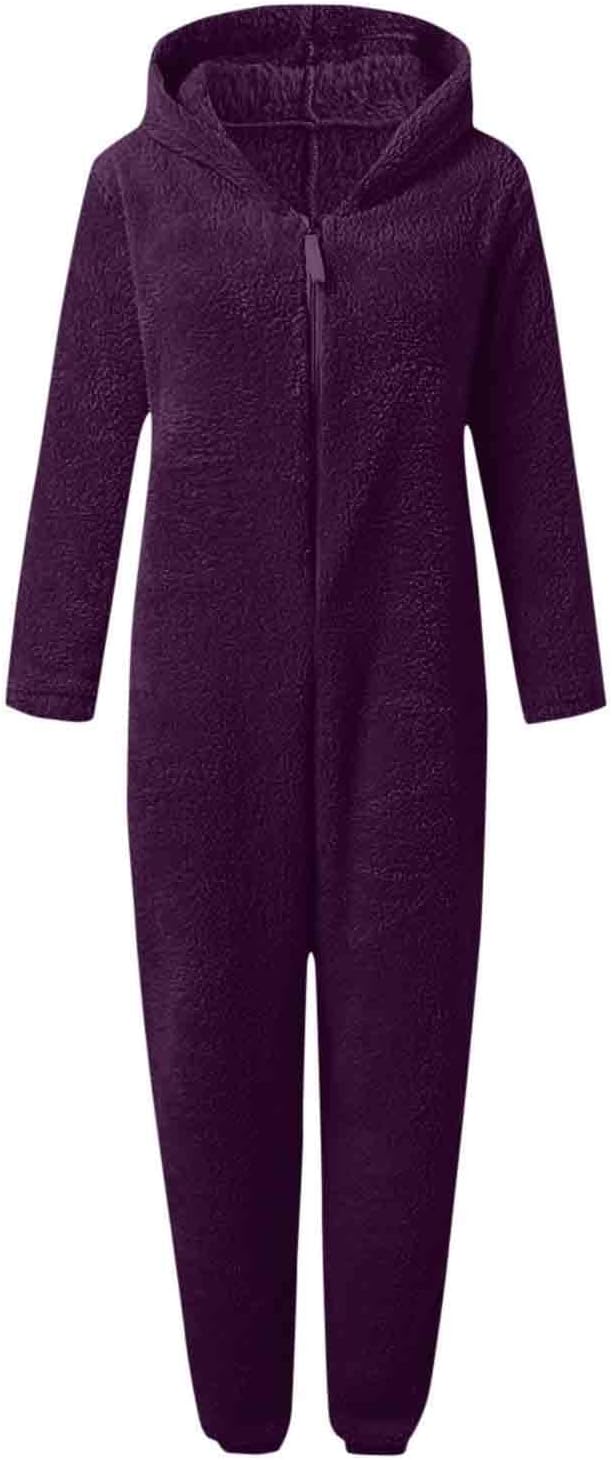 Warm women's hooded onesie, sherpa fleece material, fuzzy & comfy for home.