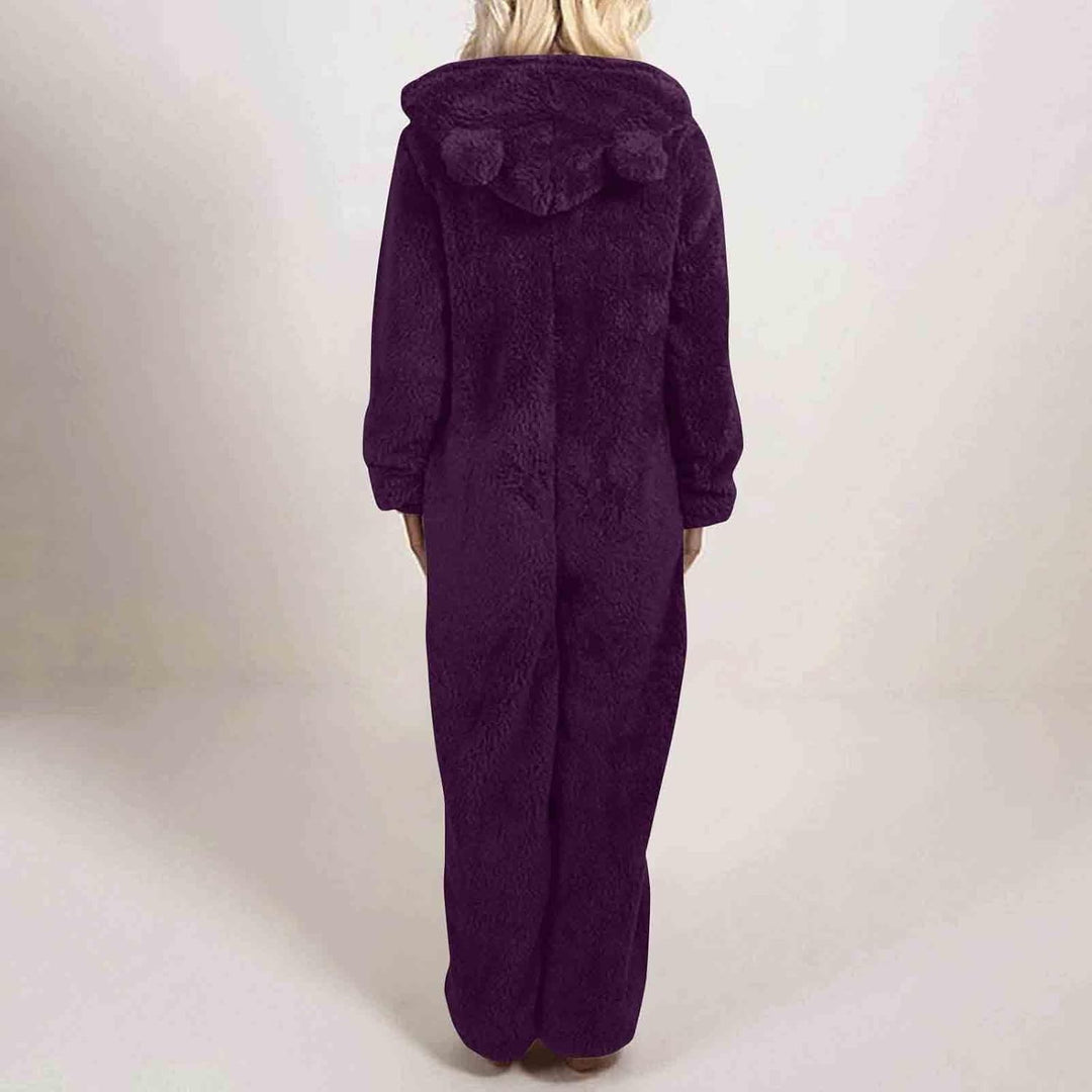 Ladies' cozy fuzzy sherpa jumpsuit, hooded design for maximum warmth & loungewear.