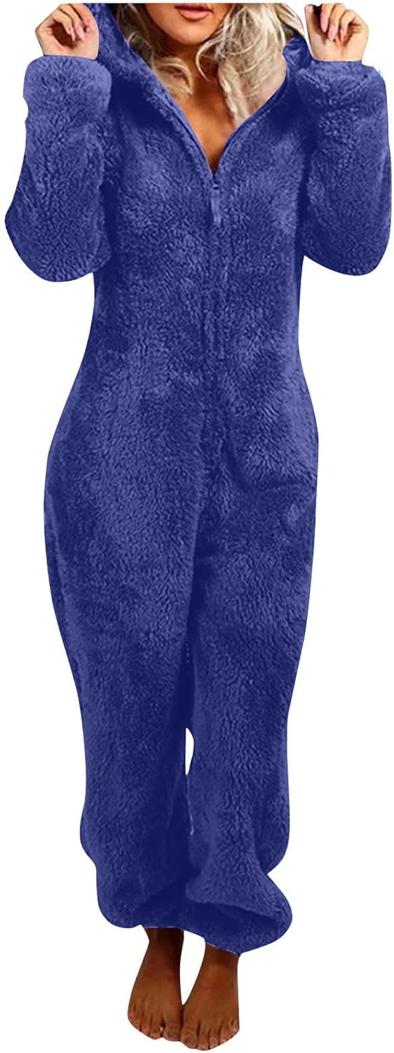 Sherpa fuzzy hooded onesie, women's soft fleece sleepwear for ultimate comfort.