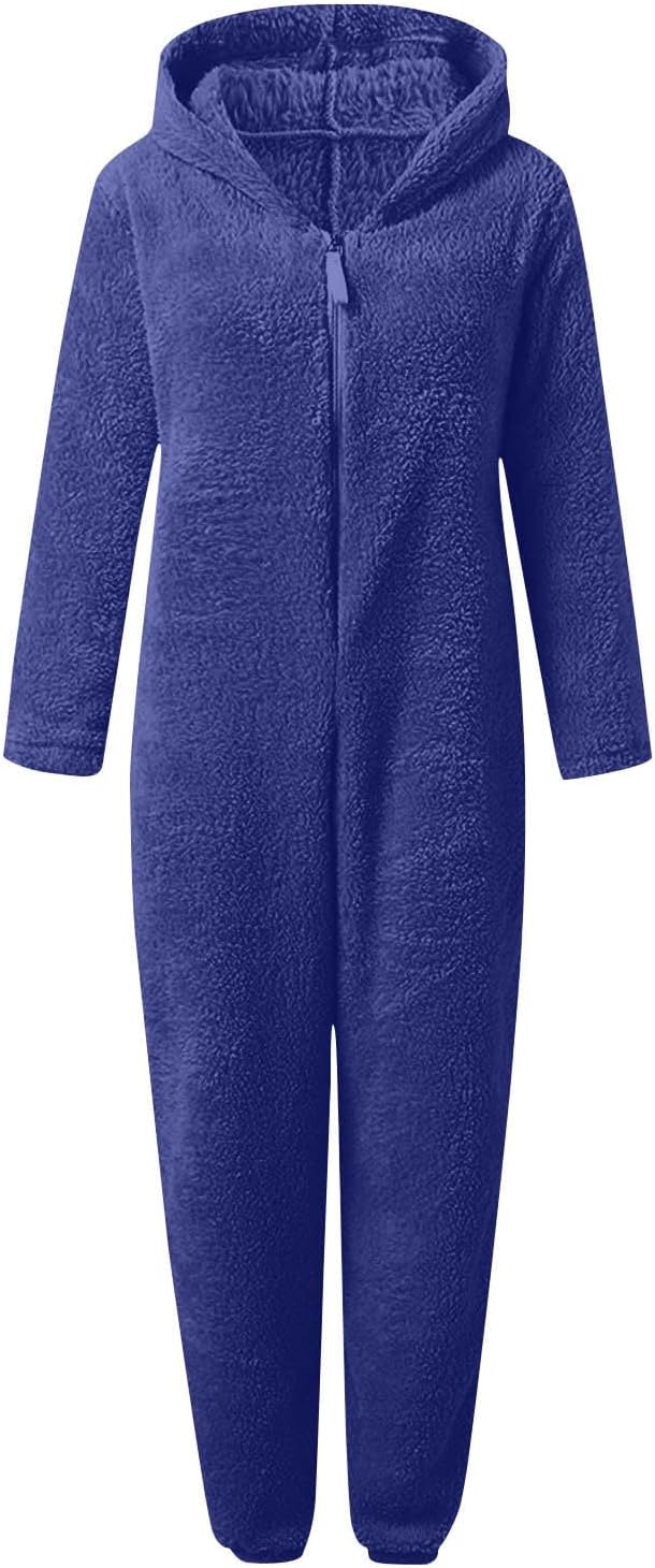 Women's winter comfort: fuzzy sherpa hooded onesie, relaxed fit pajamas.