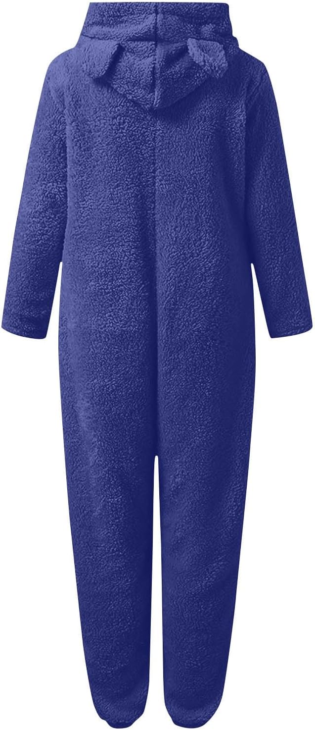 Gift for her: cozy sherpa fuzzy onesie with hood, soft fleece loungewear.