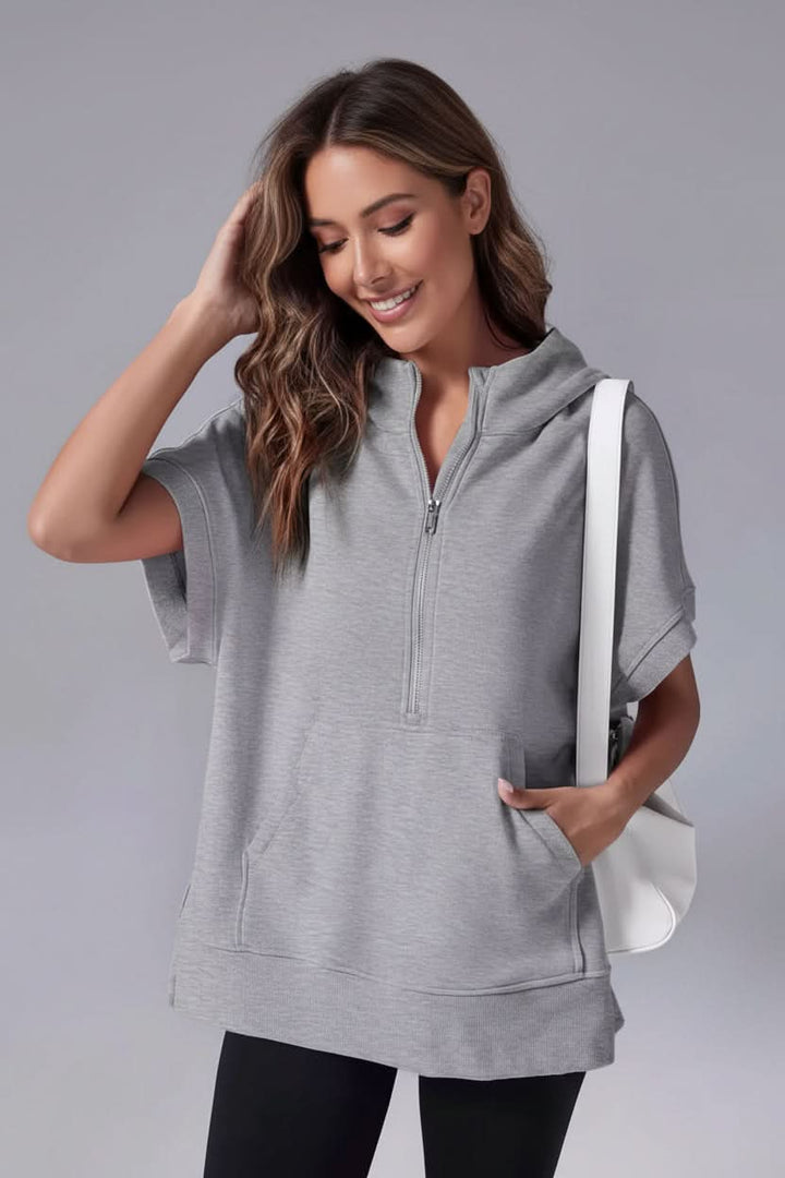 Comfortable women's short sleeve hoodie, perfect loungewear or streetwear top.
