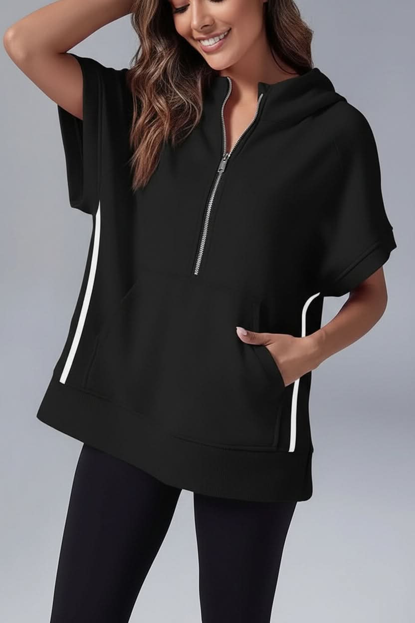 Relaxed fit short sleeve hoodie for women, half zip style, ideal casual apparel.