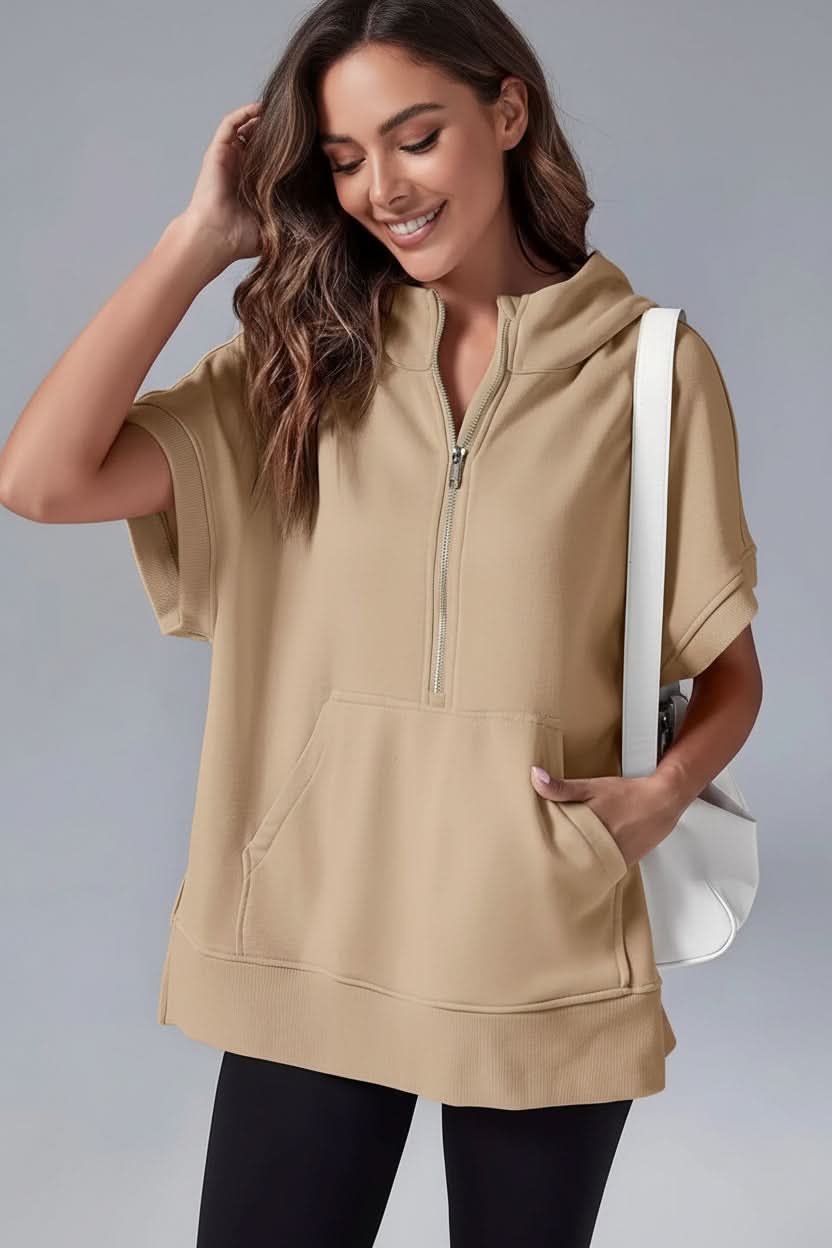 Effortless style: women's short sleeve hoodie, relaxed fit, comfortable and casual.