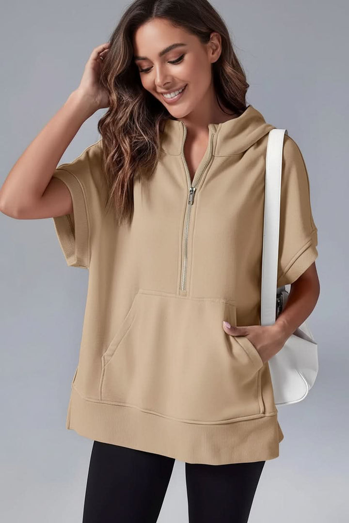 Effortless style: women's short sleeve hoodie, relaxed fit, comfortable and casual.
